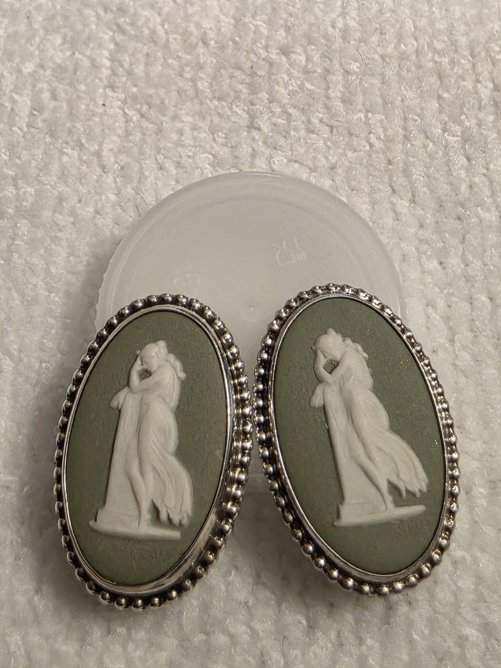 Wedgwood Green Jasperware Cameo Oval Clip On Earrings Classical Porcelain Design